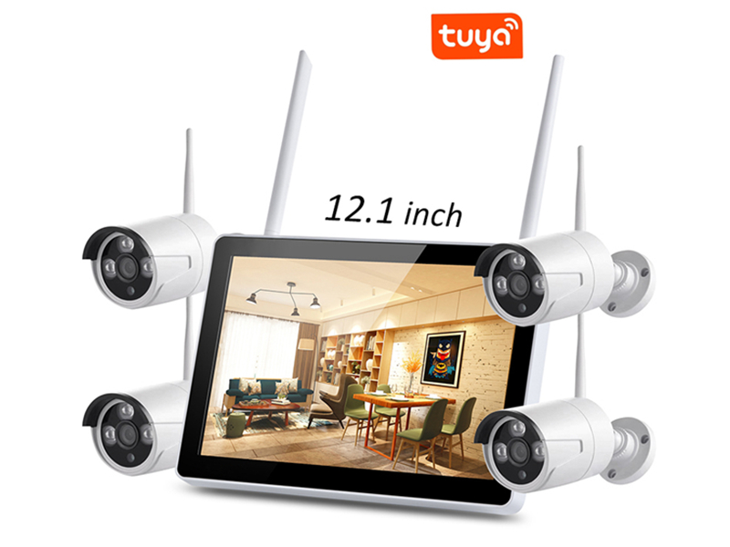 Tuya WIFI Security Camera NVR Monitor 12in Screen Recorder Kit CCTV Video Surveillance System Wireless With LCD Display 1080P HD