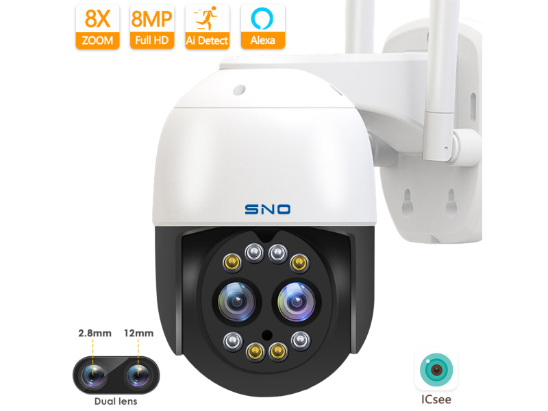 SNO 4K Dual Lens WiFi IP Camera 8MP Outdoor CCTV Video Surveillance 8X Zoom PTZ 2K Security System Support Onvif Two Way Audio ICsee