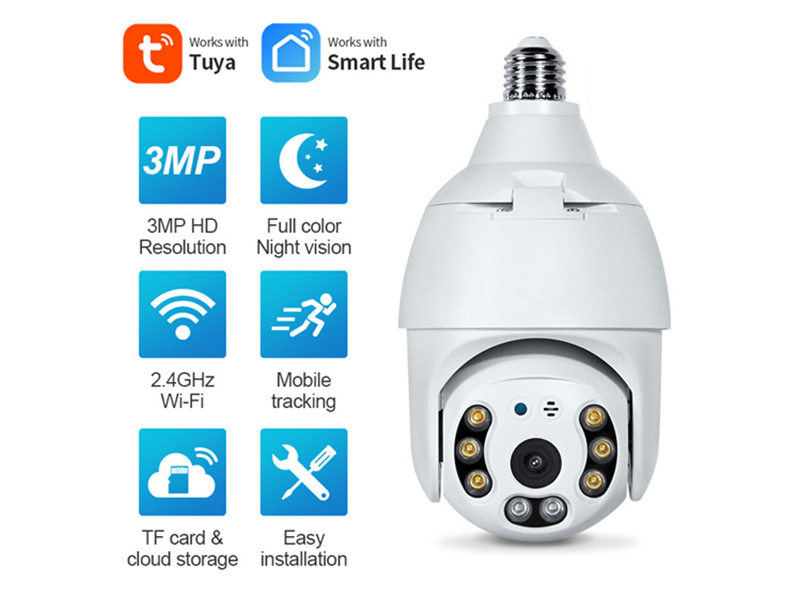 SNO Smart Life E27 Bulb Tuya Wifi Camera 3MP PTZ Cam with Full Light Night Vision Two Way Talk Auto Tracking for Indoor 