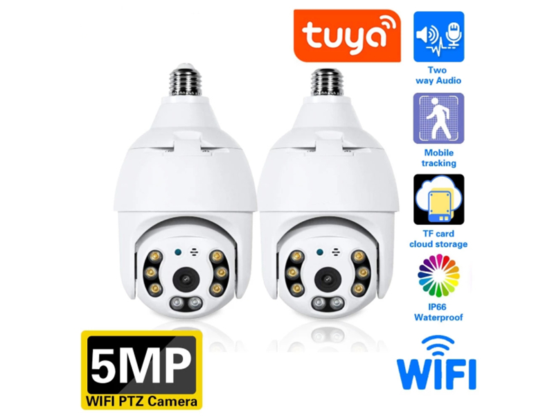 SNO 5MP Tuya Bulb Surveillance Camera Night Vision Full Color Automatic Human Tracking 5x Digital Zoom Video Indoor Security Monitor