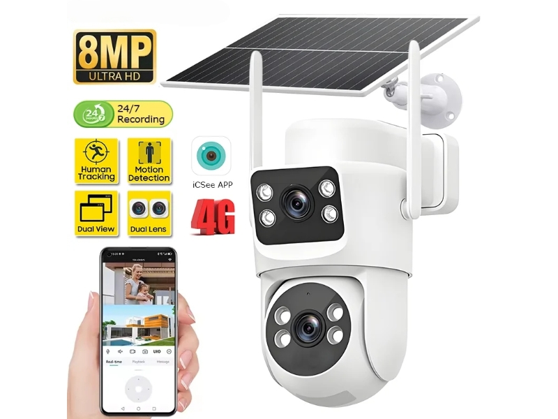 Auto Tracking Surveillance Solar Camera 4G SIM Outdoor 8MP Dual Lens PTZ Security Night Vision AOV 24h Recording CCTV IP Cameras