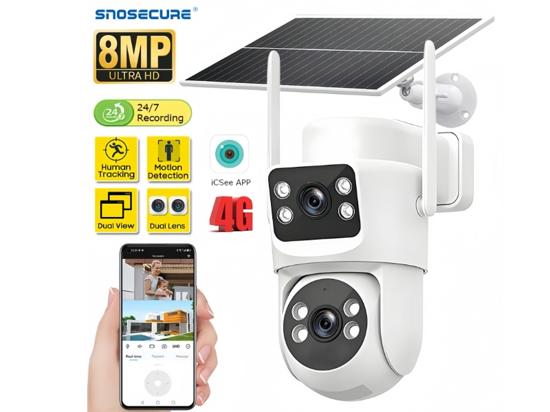 SNOSECURE Free Data Auto Tracking Surveillance Solar Camera 4G SIM Outdoor 8MP Dual Lens PTZ Security Night Vision AOV 24h Recording CCTV IP Cameras